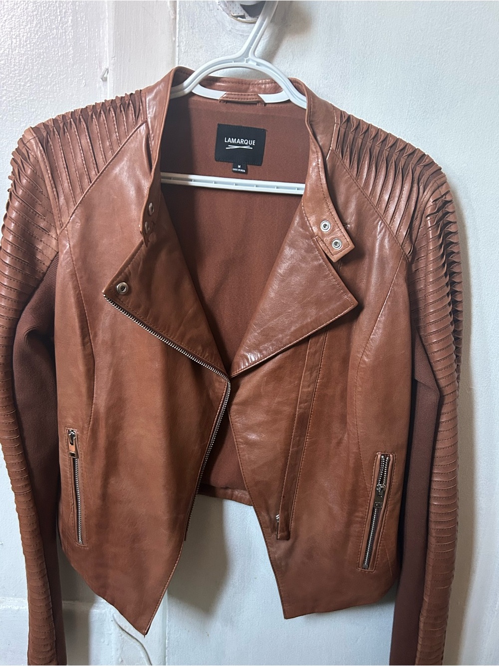 Lamarque Cognac Brown Quilted-Sleeve Leather Moto Jacket